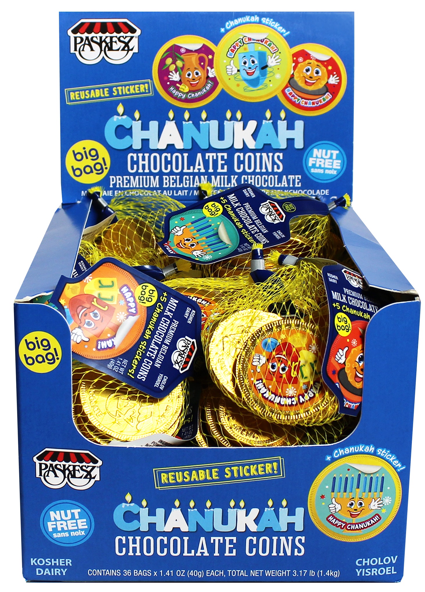 Choc. Coins Big Bag Milk Chanukah Gold + 5 Stickers